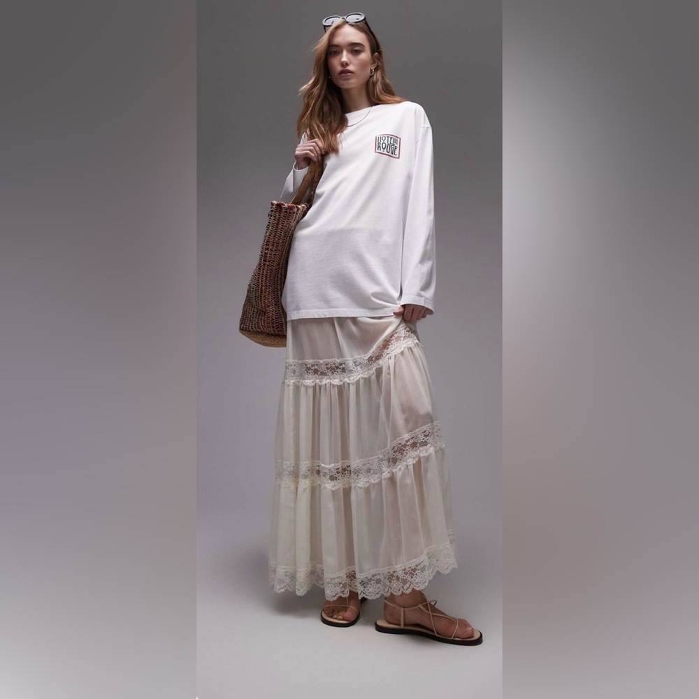 Topshop Sheer Maxi Skirt with Lace Inserts in Ivory